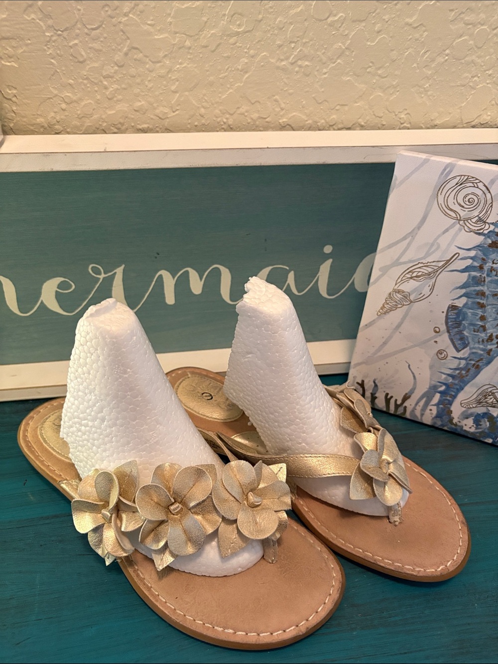 Gold Floral Leather Thong Sandals